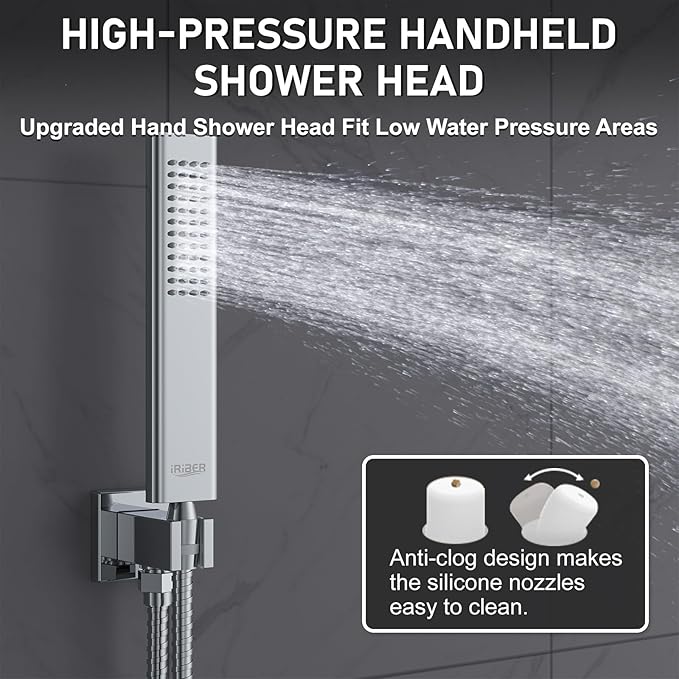 Iriber 12 Inch Bathroom Shower System Polish Chrome Wall Mounted Square Mixer - Image 5