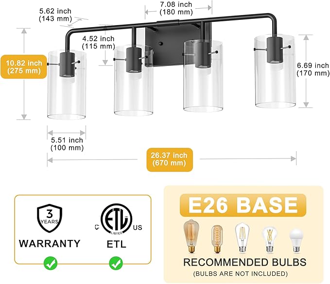 L LOHAS LED 4-Light Bathroom Light Fixtures, 26.37" Black Bathroom Vanity Light - Image 6