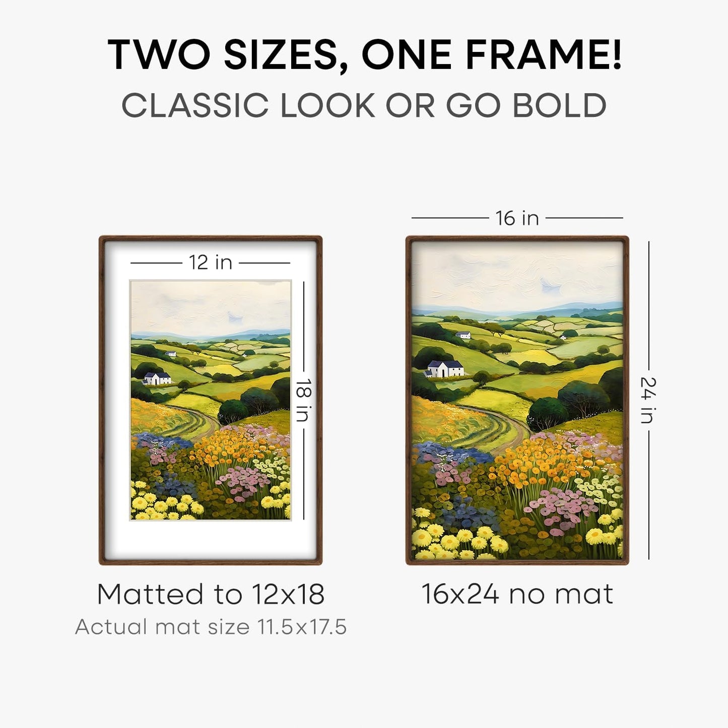 16 x 24 Picture Frame Brown, Mortise & Tenon Walnut 16x24 Wooden Poster Frames with Mat 12x18 for Wall, 24x16 Dark Wood Frames Matted to 12 by 18 inch Art, Tempered Glass, Wall Kit, Set of 2