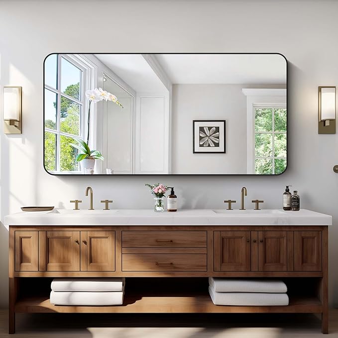 Bathroom Mirror, 60 x 30 inch Black Rectangle Wall Mirror, Metal Frame Rounded - Image 2