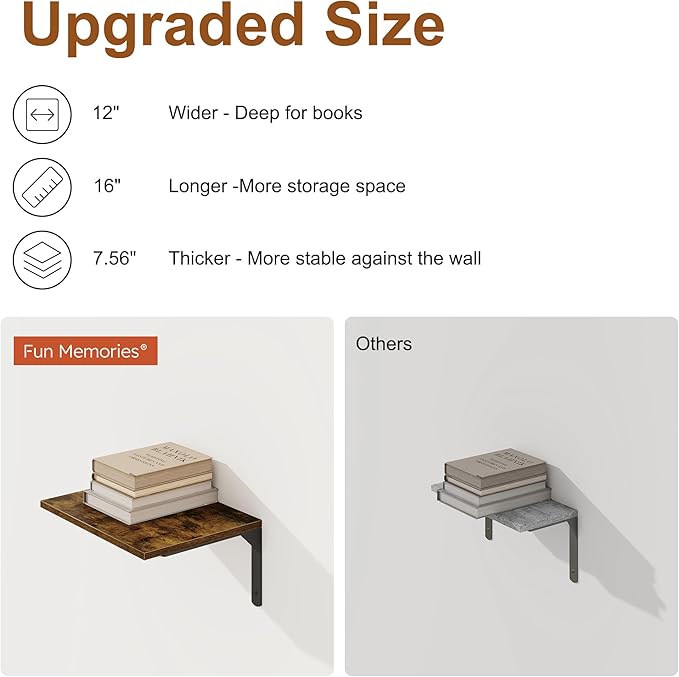 16" W x 12" D Floating Shelves for Wall, 12 Inch Deep Floating Shelf - Image 6
