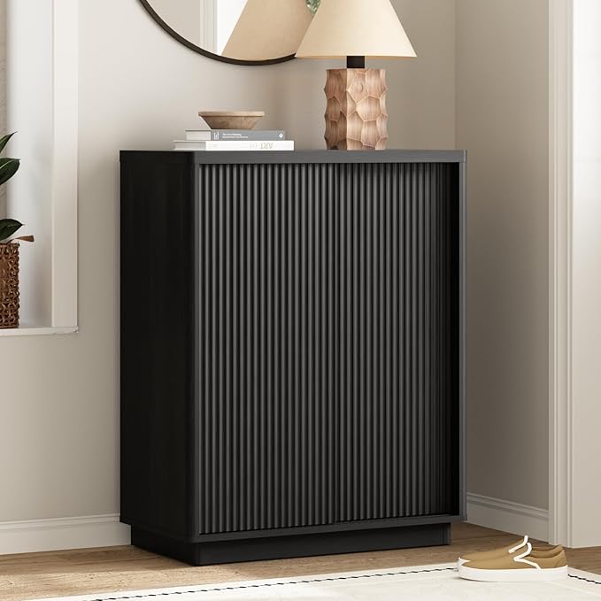 Fluted Shoe Cabinet with Sliding Door, 6-Tier Large Hidden Storage Organizer by WINWY