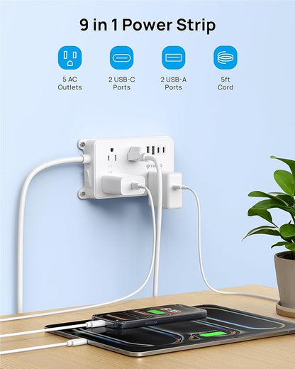 TROND Power Strip with USB, Surge Protector Flat Plug with 5 Widely-Spaced - Image 2