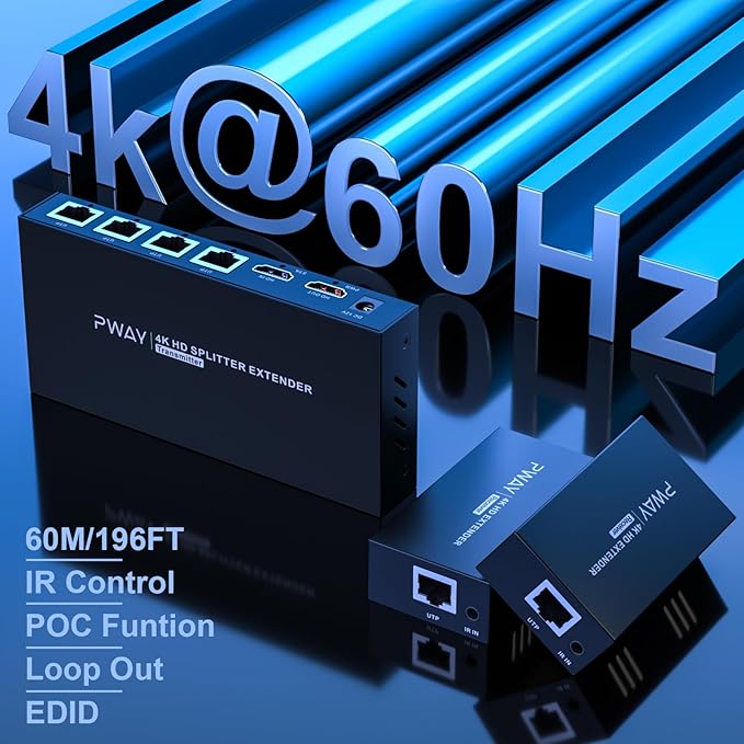 HDMI Extender Splitter 1x4 HD 4K @60Hz Over CAT5/CAT6/CAT7 Ethernet Cable–Up to - Image 2