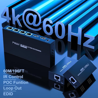 HDMI Extender Splitter 1x4 HD 4K @60Hz Over CAT5/CAT6/CAT7 Ethernet Cable–Up to - Image 2