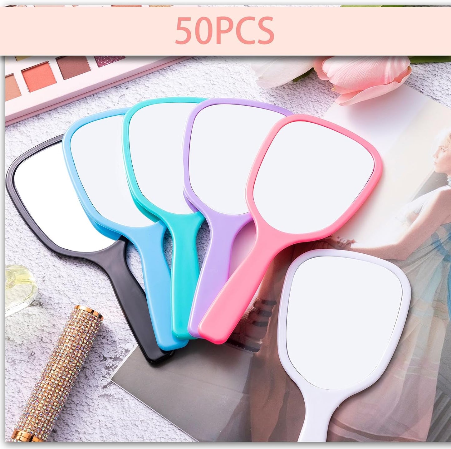 Vinsot 50 Pcs Handheld Mirror Bulk Small Plastic Hand Mirrors with Handle Portable Makeup Mirror for Salon Clients Party Favors Gifts Travel Camping Home Use, 3.15" x 7.09" (8 Colors)