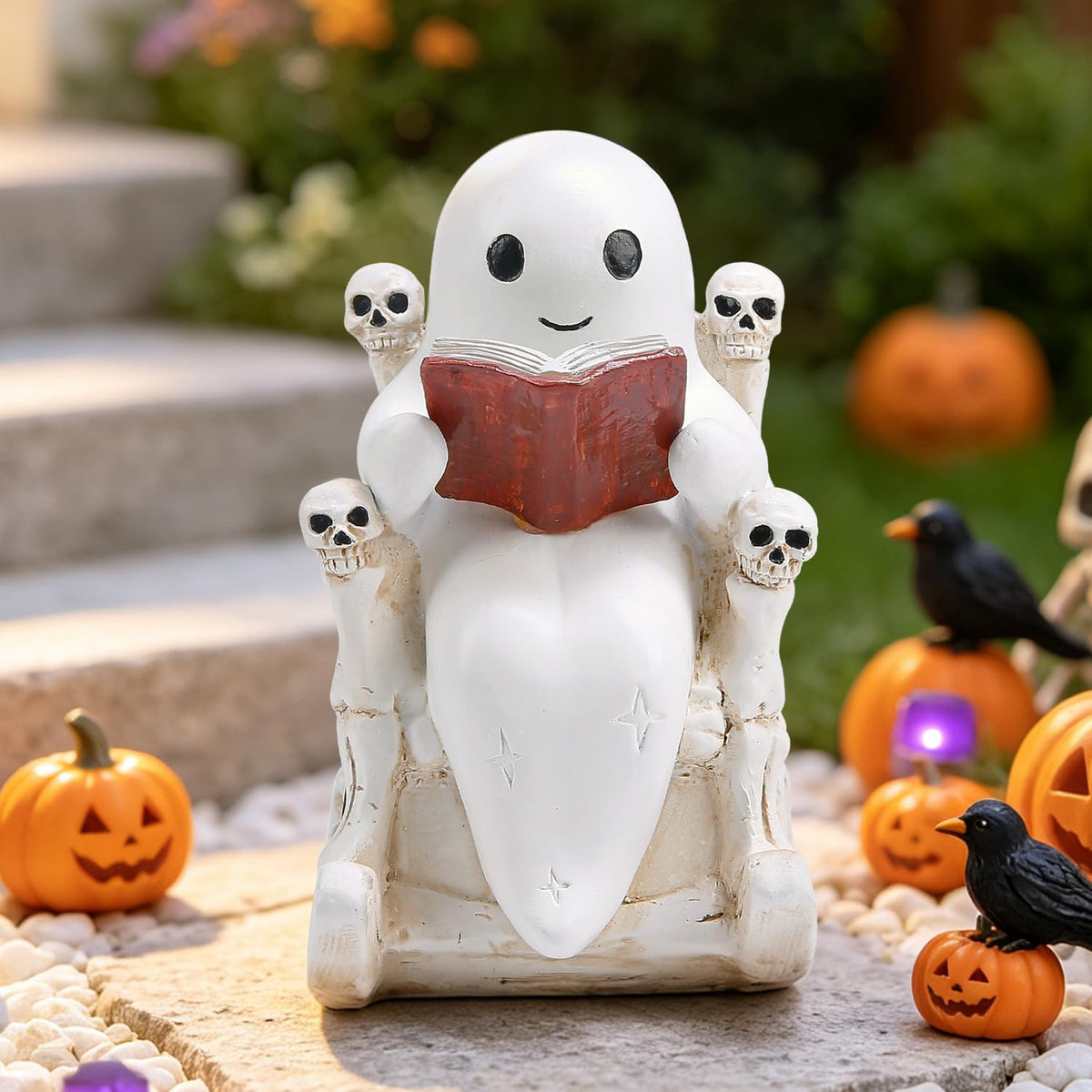 Solar Halloween Outdoor Light 7.4" Ghost Statue Skull Throne Garden Decor