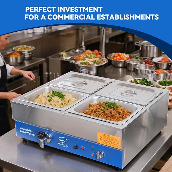 4 Pan Commercial Food Warmer, Electric Countertop Bain Marie Stainless Steel - Image 3