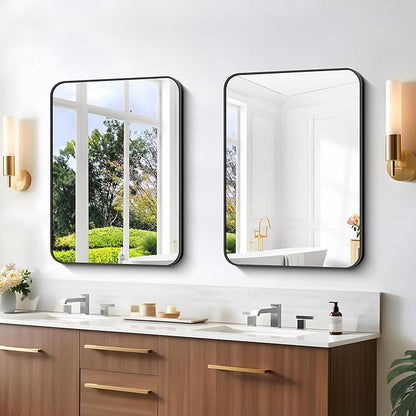 Bathroom Mirror, 18 x 24 inch Metal Framed Black Rectangle Mirror, Rounded - Image 3