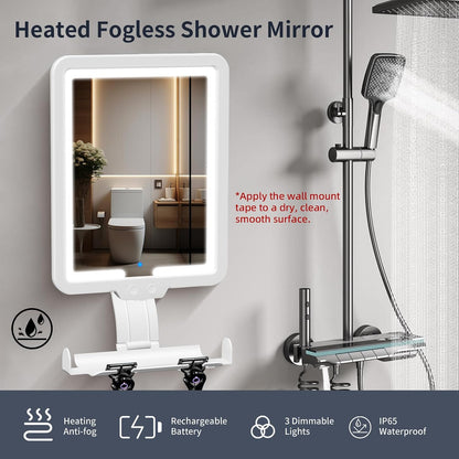 Heated Shower Mirror Fogless for Shaving, 3 Color Dimming Shower Shaving Mirror, 9.5 * 8inch Anti-Fog Shower Mirror with Lights, Wall-Mounted Large Shaving Mirror with Razor Holder