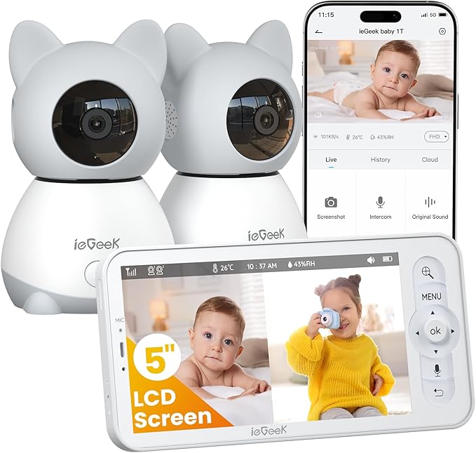 ieGeek Baby Monitor with 2 Cameras, 2-Way Audio, Cry Detection, Temperature by ieGeek