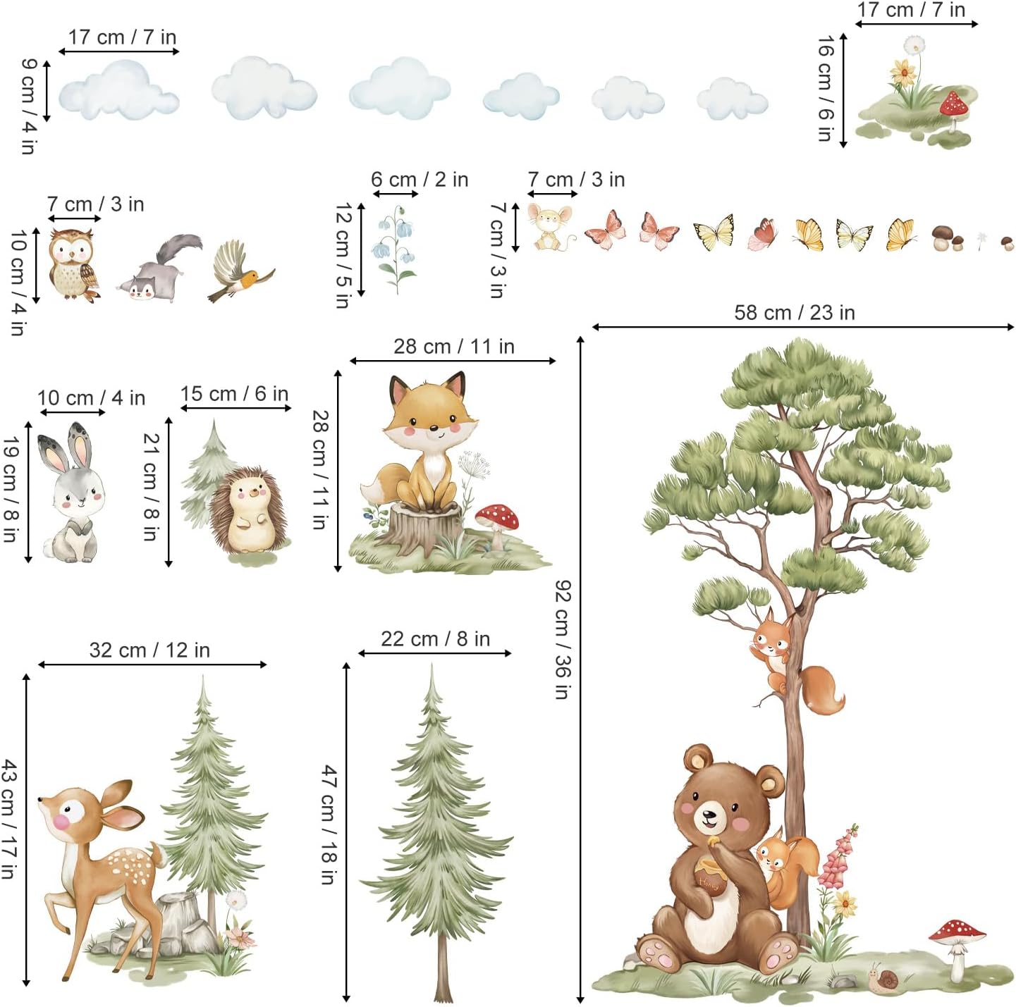 wondever Woodland Animals Wall Decals Pine Tree Bear Wall Stickers (XL) | Peel and Stick, Removable, Wall Art Decals, Wall Decoration, Kids Room, Bedroom Baby Nursery Playroom Decor