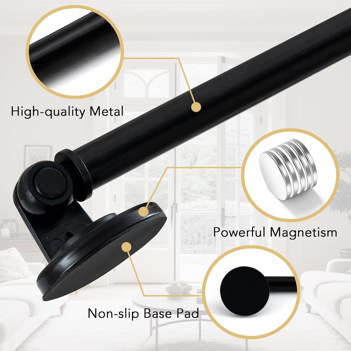 H.VERSAILTEX 1 PACK Magnetic Curtain Rods for Metal Doors 16" to 28", 1/2 Inch Diameter Adjustable French Door Curtain Rod for Classroom Whiteboard Magnetic Cafe Rod Towel Bar Holder, Black