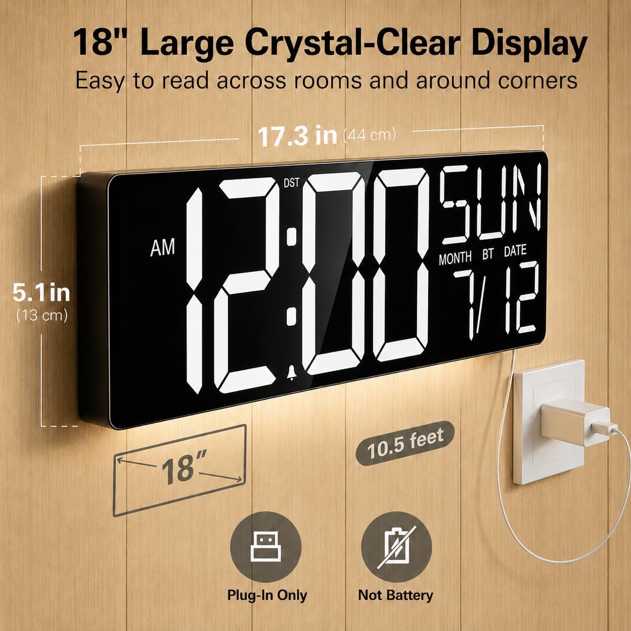 JALL 18" Large Digital Wall Clock with Big Numbers, Remote, Timer, 12 RGB Wall Clock with Date and Temp for Teachers Seniors, Digital Clock for Arena, Gym, Living Room Classroom Decor (White)