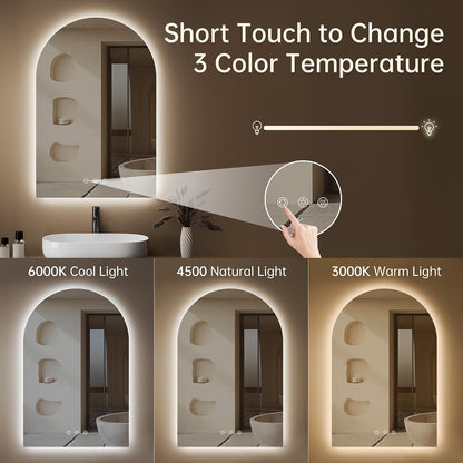 24"x36" Arched LED Lighted Bathroom Mirror with Lights | Fogless, Dimmable, 3 Color Changing, Shatterproof, Touch Sensor