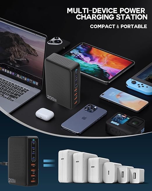 USB C Charger Block, 200W 8 Port USB C Charging Station, GaN Type C & A Charger - Image 6