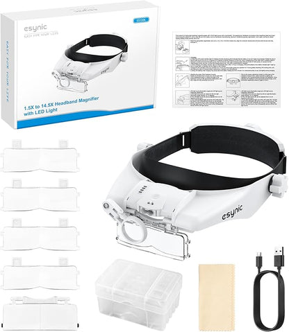 eSynic Head Magnifier with 2 LED Light-1.5X-13X Magnification with 5 Acylic - Image 8