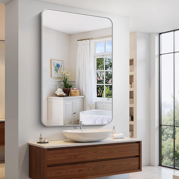 60x40 Inch Silver Bathroom Mirror, Large Rectangle Mirror, Metal Framed - Image 6