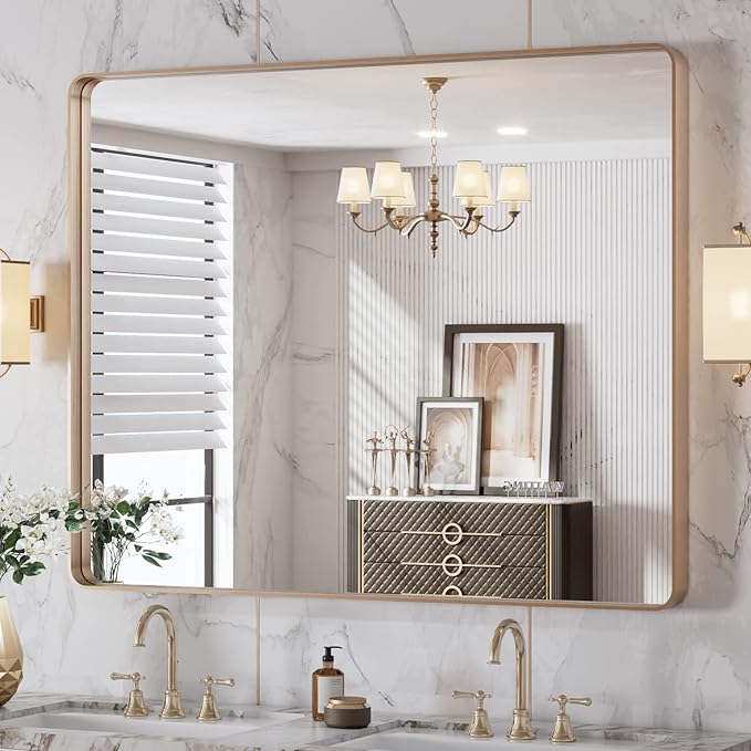 LOAAO 40"X32" Gold Bathroom Mirror, Rounded Rectangle Gold Frame Mirror by LOAAO