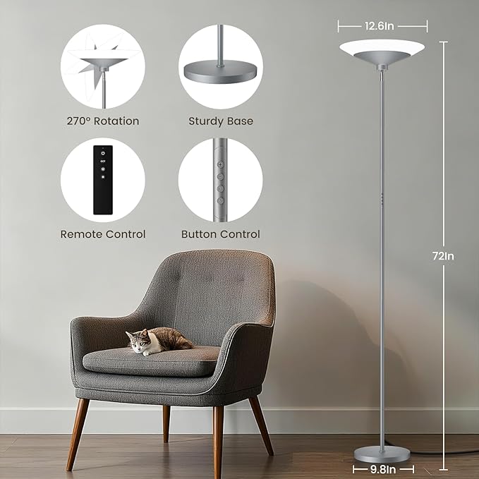 SIBRILLE Silver Torchiere Floor Lamp - 30W Dimmable LED Standing Lamp - Image 2