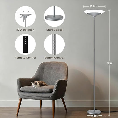 SIBRILLE Silver Torchiere Floor Lamp - 30W Dimmable LED Standing Lamp - Image 2
