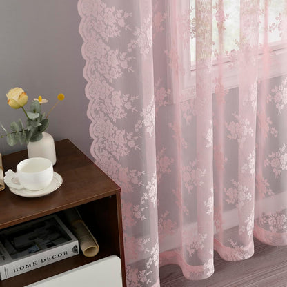 Kotile Vintage Pink Lace Curtains for Bedroom 42 x 63 Inch, 2 Panels | Rod Pocket, Knitted Openwork Texture, Softened Daylight, Soft Whimsical Mood, Versatile Mid-Length Look, Privacy