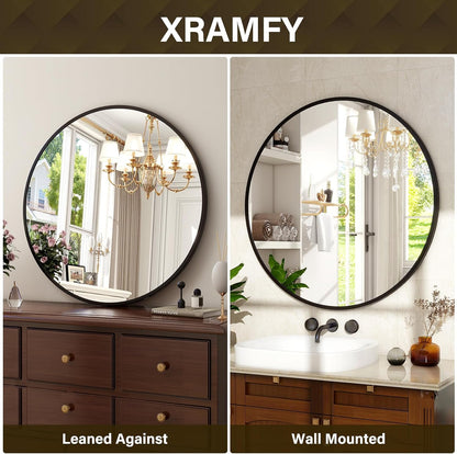 XRAMFY 30 Inch Round Mirror-Black Circle Mirrors for Bathroom, Entryway | Modern Hanging Vanity Mirror for Livingroom, Wall Decor, Bedroom, Matte Black Circle Decorative Wall Mirror