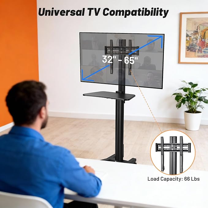 AW Rolling TV Stand Mobile TV Cart Height Adjustable - Image 2