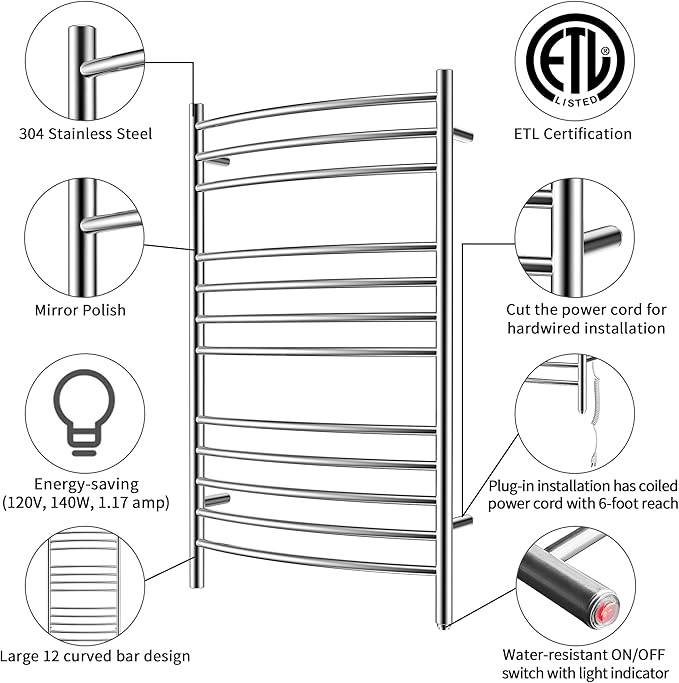 HEATGENE Towel Warmer Wall Mount Electric Plug-in/Hardwired Heated Towel Rack - Image 2