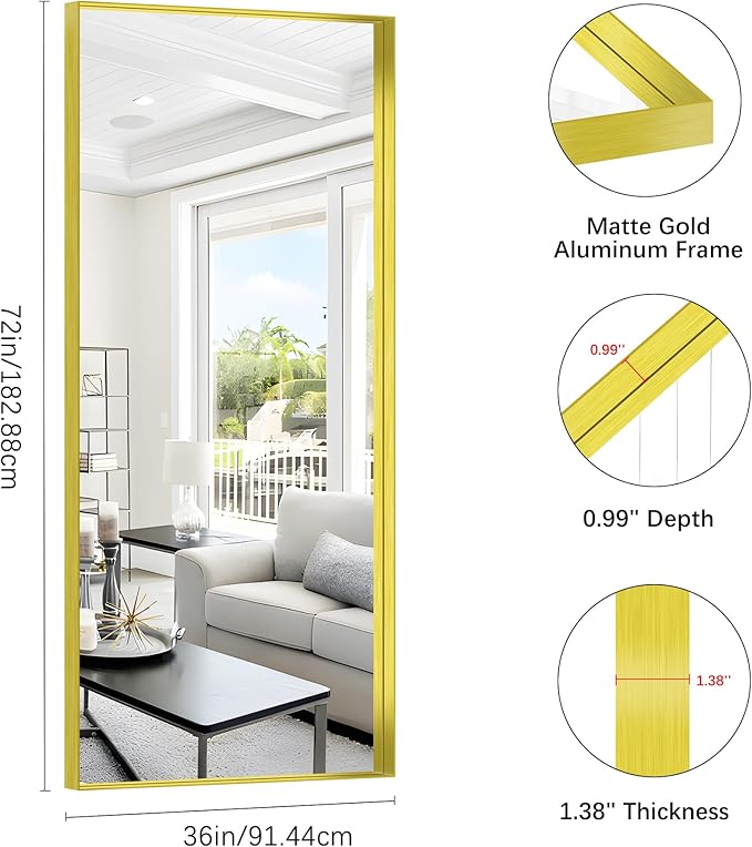 Gold Bathroom Mirror, 72x30 Inch Rectangular Framed Mirror, Large Wall Mounted - Image 2
