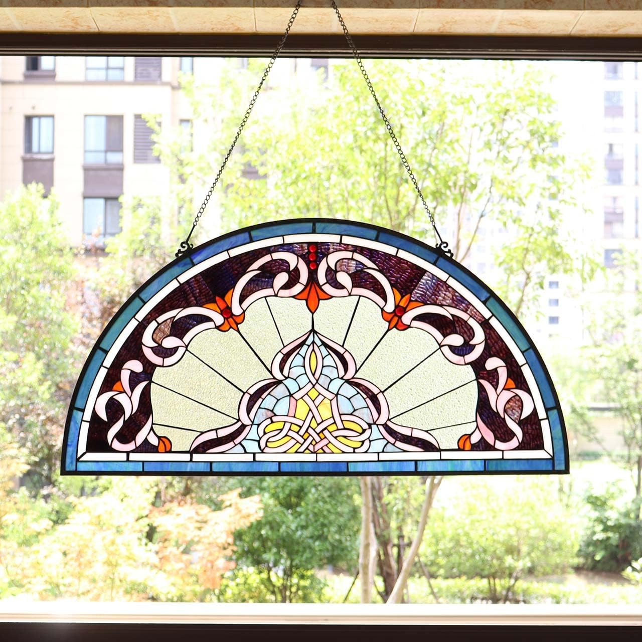 Bieye Lady Astor Demi-Lune Half-Round Window Panel Tiffany Style Stained Glass Hangings for Home Décor 36" W x 18" H W10035