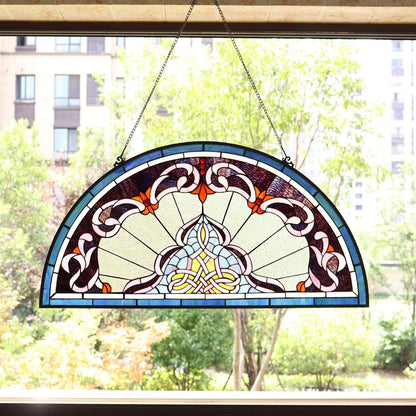 Bieye Lady Astor Demi-Lune Half-Round Window Panel Tiffany Style Stained Glass Hangings for Home Décor 36" W x 18" H W10035