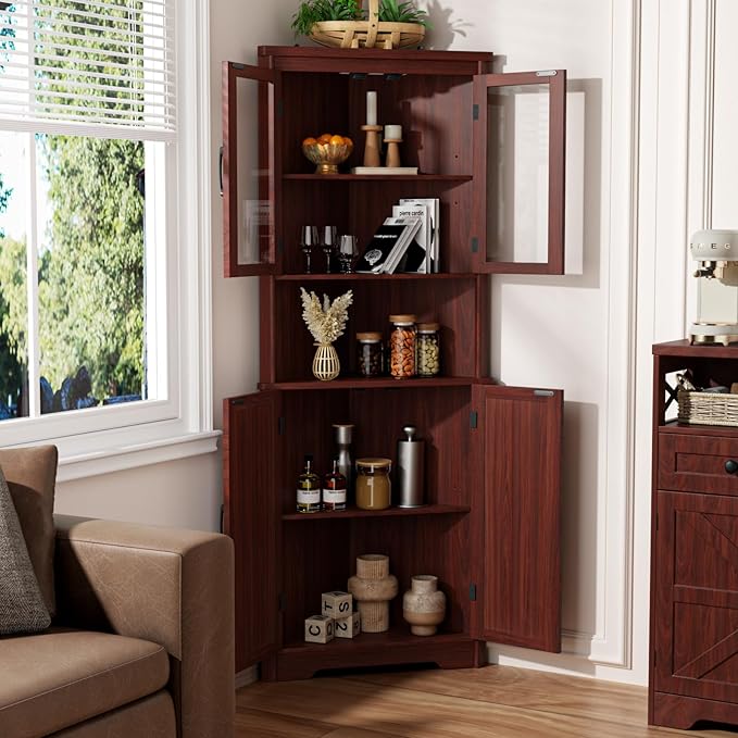 67''H Dark Brown Tall Corner Storage Cabinet - Image 8