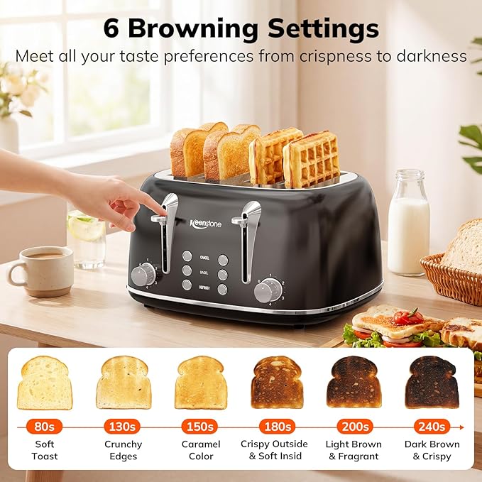 Keenstone Toaster 4 Slice, Retro Stainless Steel Wide Slot Toaster - Image 5