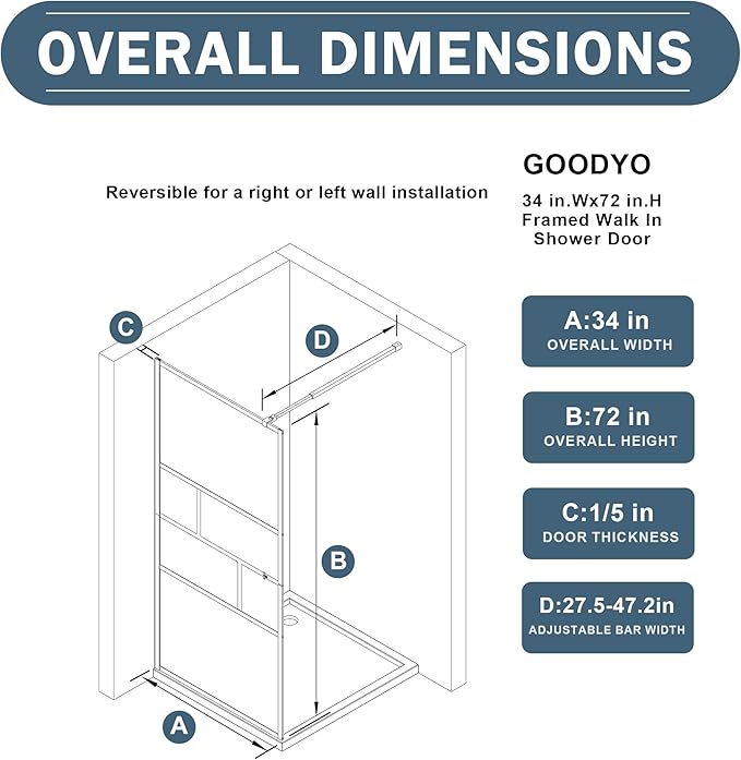 Goodyo 34” X 72” Shower Door Tempered Glass Framed Shower Screen Panel - Image 3