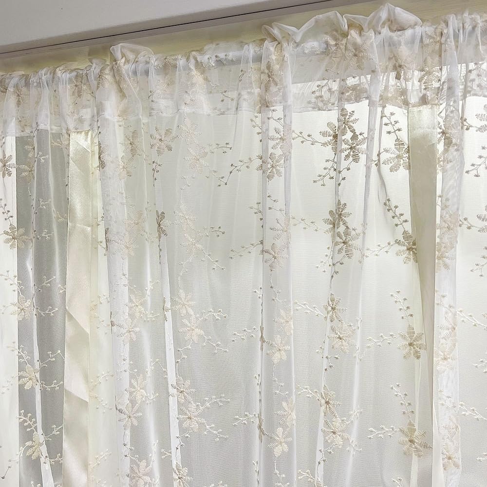 Beige Romantic Little Floral Woven Lace Tie Up Balloon Curtain for Kitchen | Liftable Tier Roman Blind Scallop Edge Lace Cafe Curtain Victorian Drapes for Small Window Balcony Doorway Rod Pocket