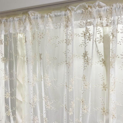 Beige Romantic Little Floral Woven Lace Tie Up Balloon Curtain for Kitchen | Liftable Tier Roman Blind Scallop Edge Lace Cafe Curtain Victorian Drapes for Small Window Balcony Doorway Rod Pocket