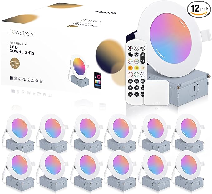 POWERASIA 12 Pack Smart Recessed Lighting 4 Inch, Ultra-Thin LED Recessed by POWERASIA