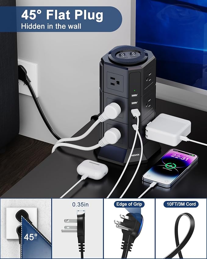 Surge Protector Power Strip Tower, 10FT Ultra Flat Extension Cord - Image 3