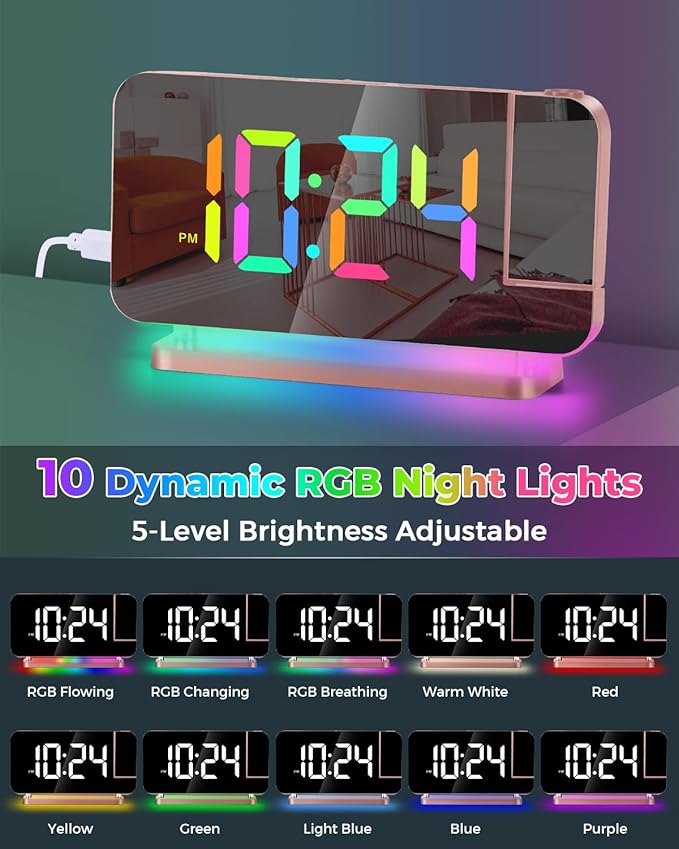 SZELAM Projection Alarm Clock, 7.4 in LED Mirror Digital Clocks Projection on - Image 4