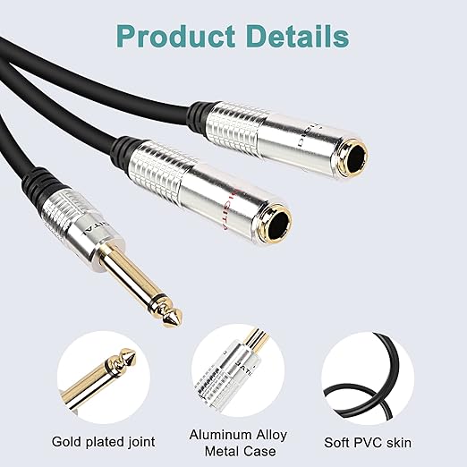 XMSJSIY 6.35mm TS Guitar Signal Audio Y Splitter Cable, 1/4" Male to Dual Mono - Image 3