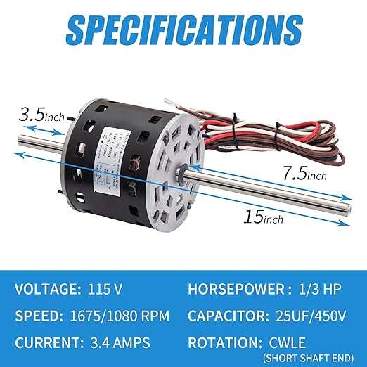 RV AC Fan Motor with Capacitor, 1/3 HP, 115 Volts, 1675 RPM, Replacement - Image 2