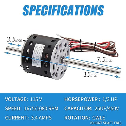 RV AC Fan Motor with Capacitor, 1/3 HP, 115 Volts, 1675 RPM, Replacement - Image 2