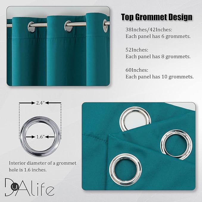 DUALIFE Teal Blackout Curtains Solid Color Eyelet Top Bedroom Curtains Thermal - Image 3