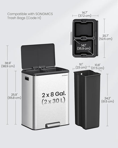 SONGMICS Trash Can, 2 x 8 Gallon Double Garabge Can - Image 6