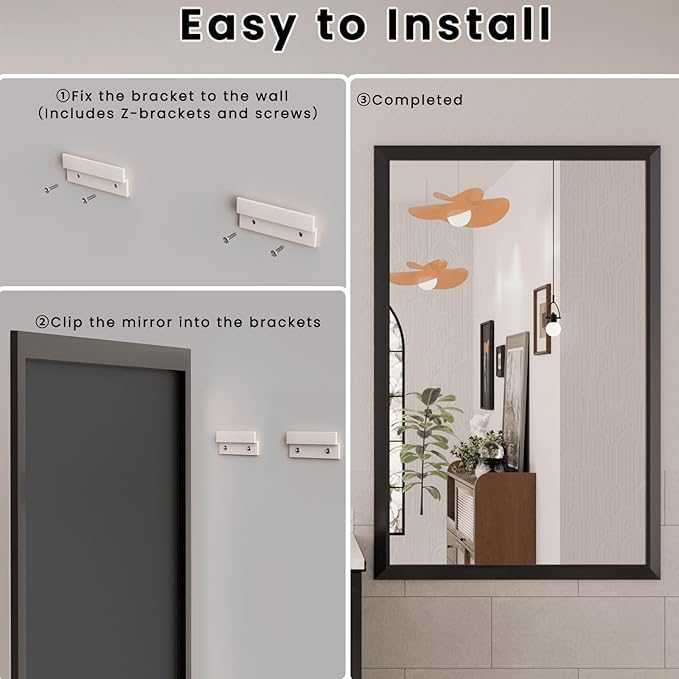 Amorho Bathroom Mirror Black, 60x40 Inch Thick Metal Framed Wall Mirrors - Image 4
