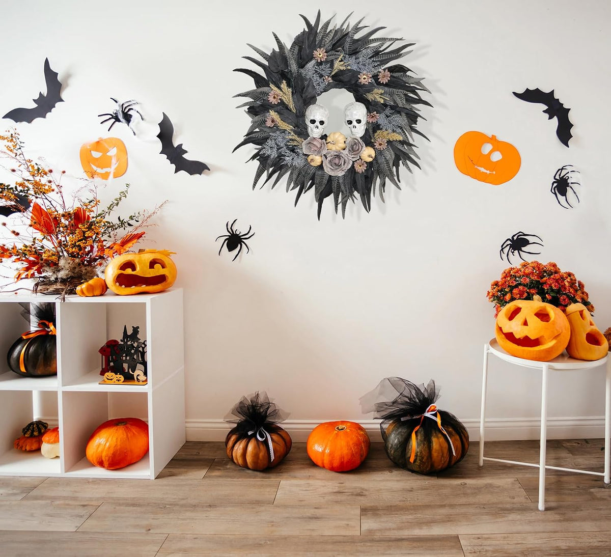 24" Halloween Wreath with 2 Skulls, 3 Pumpkins and Withered Roses