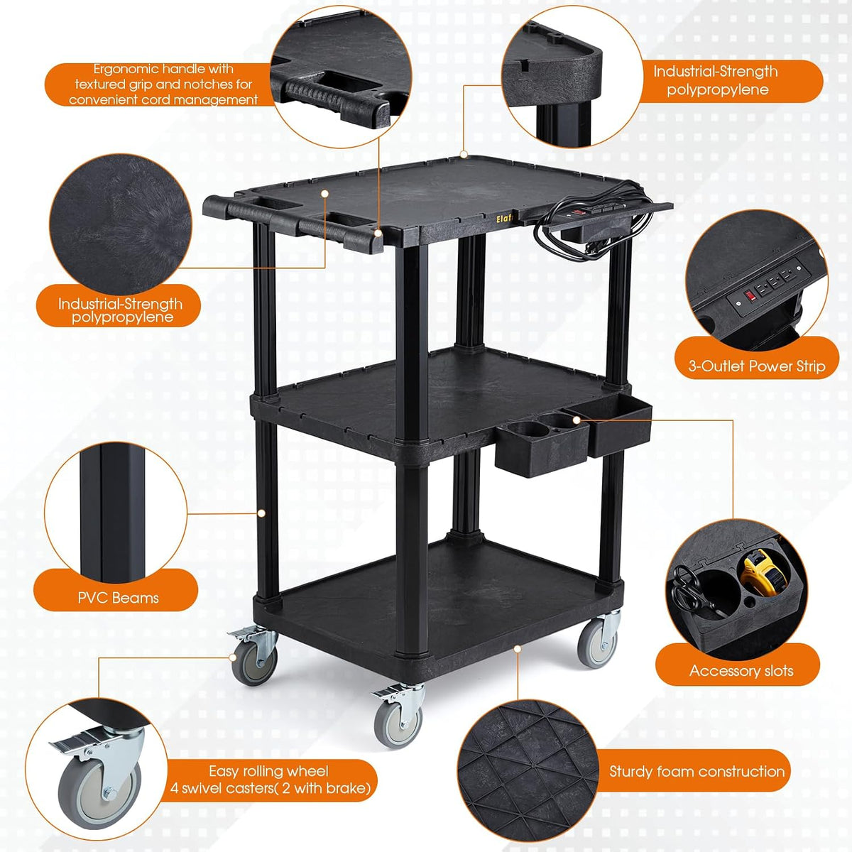 ELAFROS 3-Tier Heavy Duty AV Cart with Power Strip, 27.5 x 18.25 in