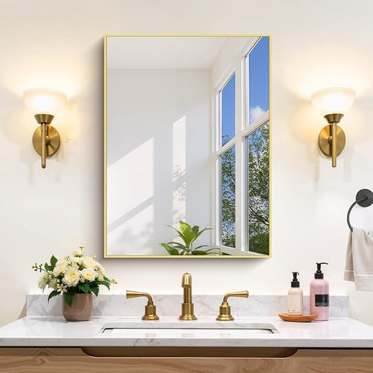 Gold Bathroom Mirror for Wall, 18x24 Inch Rectangle Mirror by Welcometocofeny