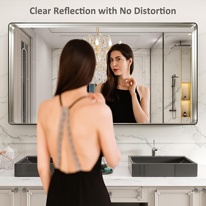 LOAAO 72X36 Inch Brushed Nickel Bathroom Mirror, Rounded Rectangle Silver Metal - Image 2